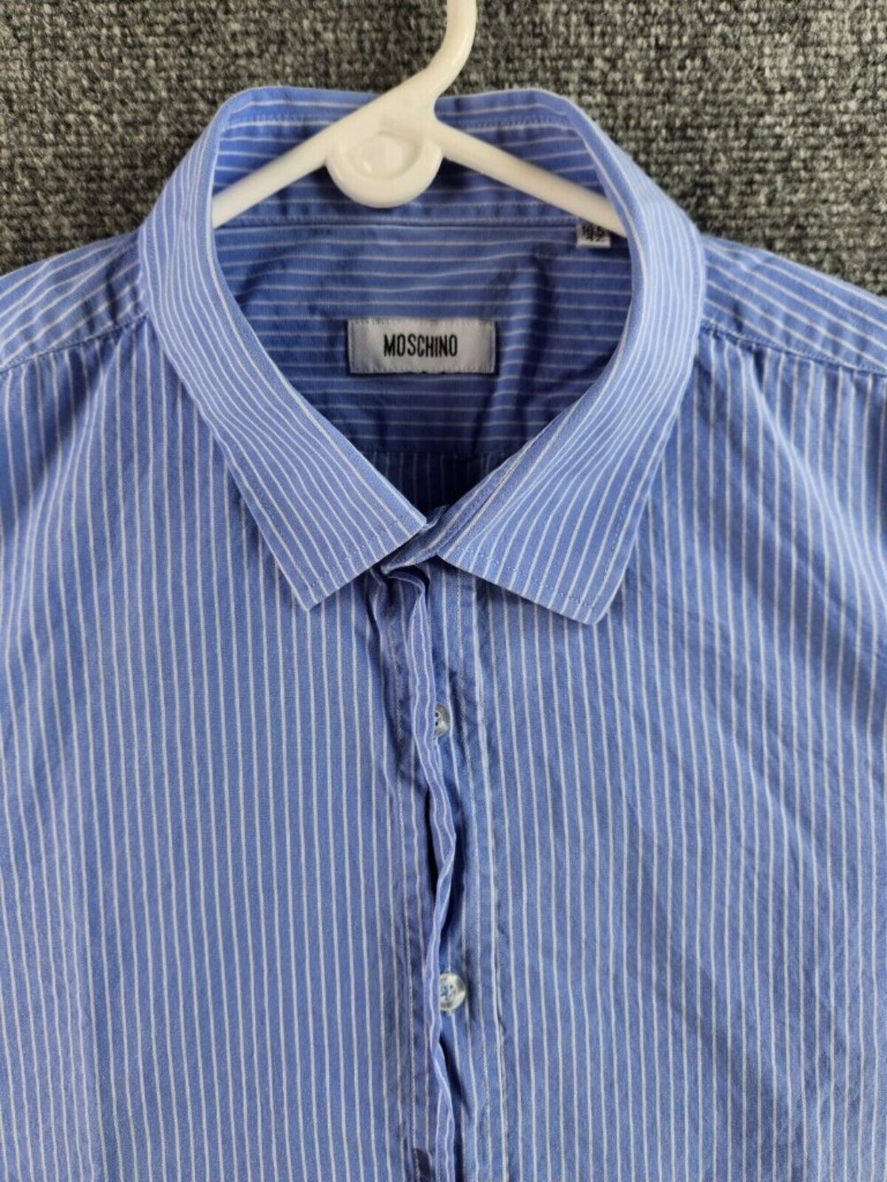 Love Moschino Button Up Shirt Long Sleeve Blue Striped Size 16.5 Designer Heart